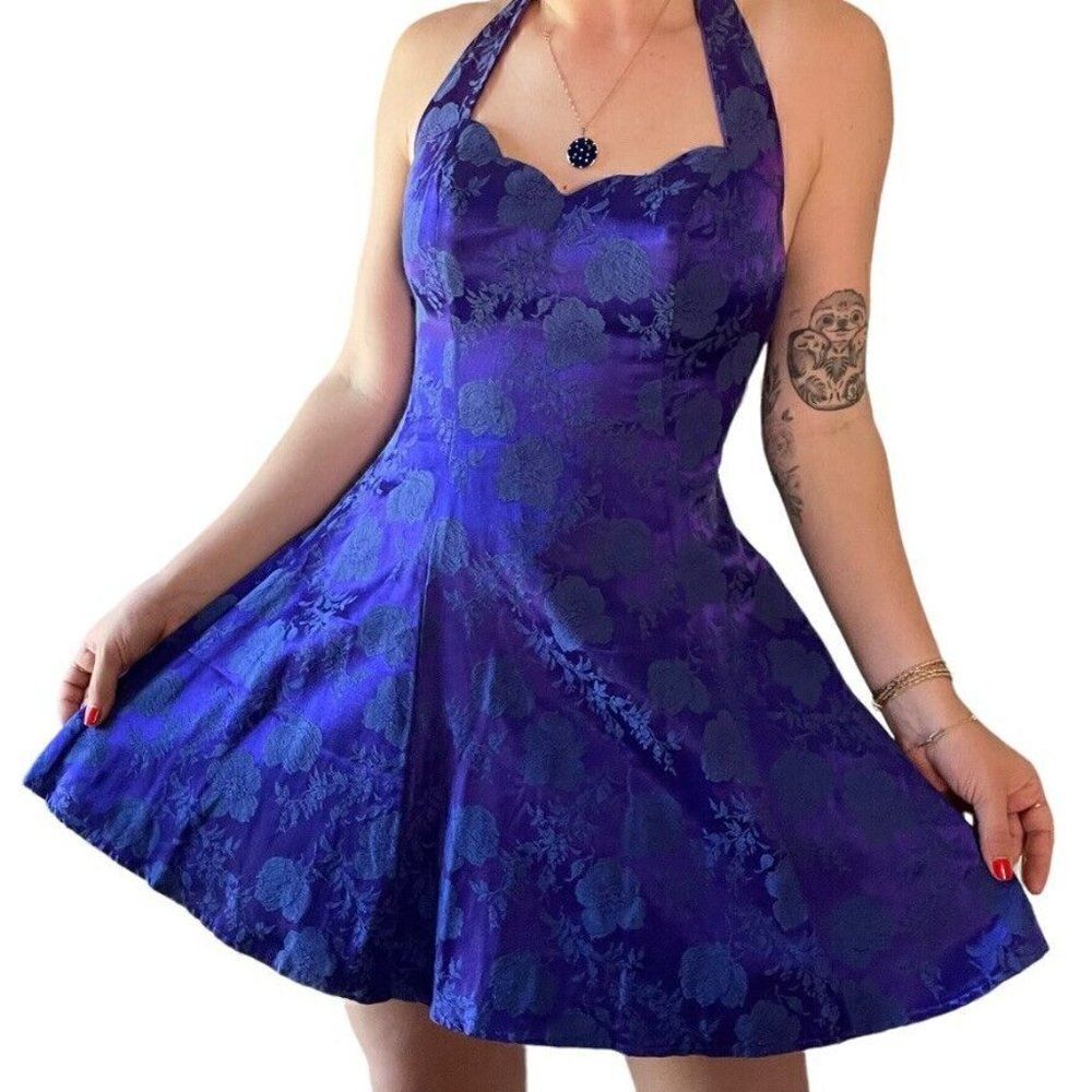 Vintage 1980s Marnie West Purple Floral Halter Tutu Mini Dress Made in USA Sz S